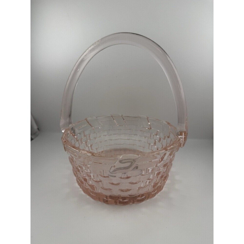 Williams-Sonoma Pink Embossed Glass Woven Easter Basket Round 7” Clear Handle